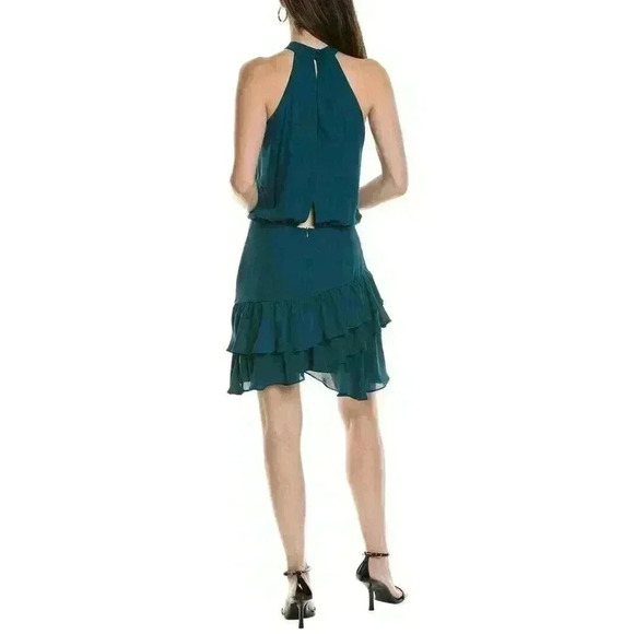 NWT Krisa Halter Asymmetrical Ruffle Mini Dress Teal Green Size Small - Picture 2 of 9
